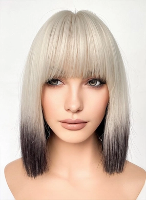 Light Ash Blonde Black Ombre Straight Bob Synthetic Hair Wig NS533
