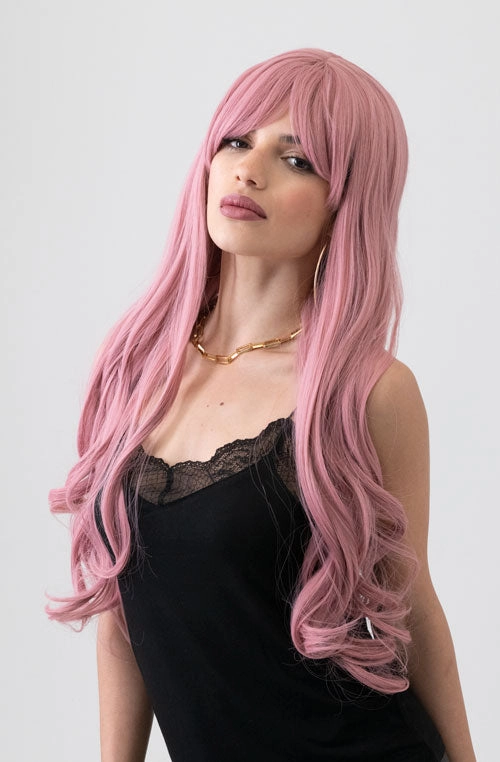 Long wavy pink wig with sweeping fringe: Millicent