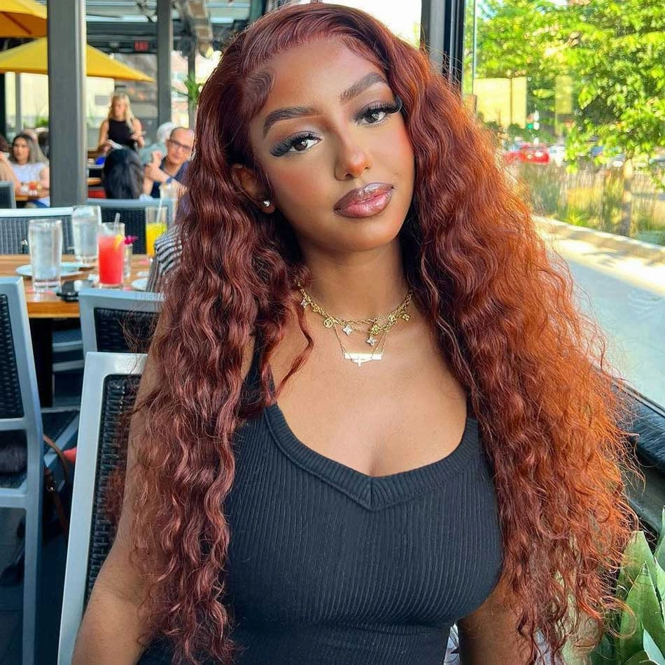 Tuneful Glueless #33 Auburn Reddish Brown Color 13x6 5x5 6x5 Lace Front Closure Deep Wave 180% Density Wigs