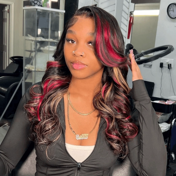 Tuneful Glueless Blonde With Red Highlights Colored 13x6 6x5 Lace Front Closure Body Wave Wig