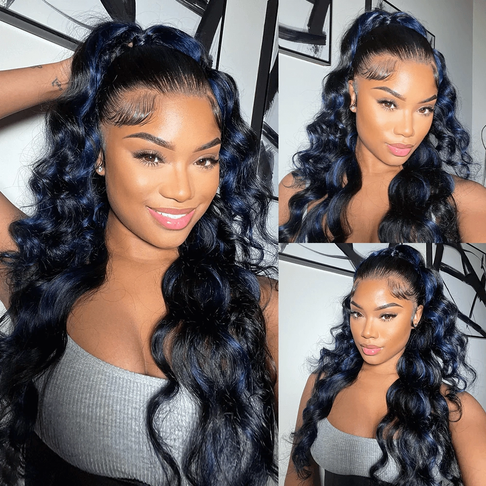 Tuneful Glueless Blue Highlights Colored 13x6 6x5 Lace Front Closure Body Wave Wig