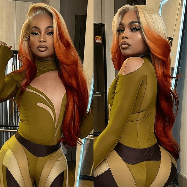 Tuneful Special Customise Blonde Orange Ombre Colored 13x6 Transparent Lace Frontal Wigs 250% Density