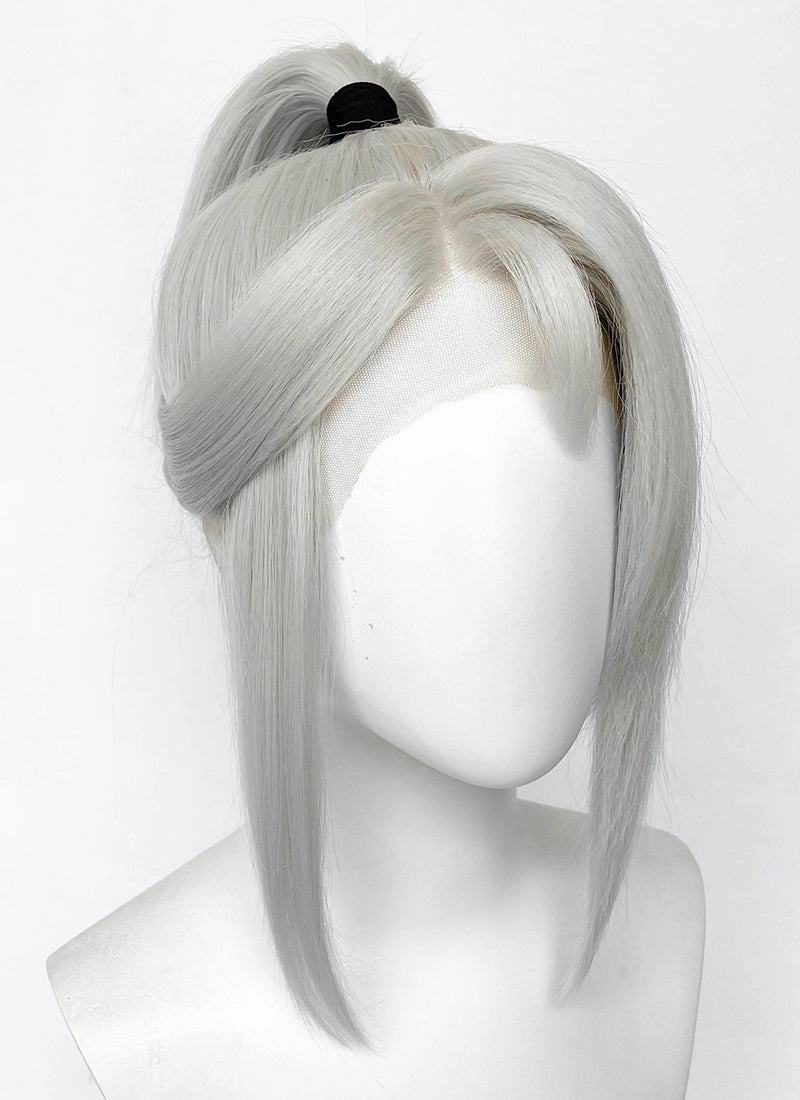 Valorant Jett Silver Grey Straight Yaki Lace Front Synthetic Wig With Ponytail LF6118