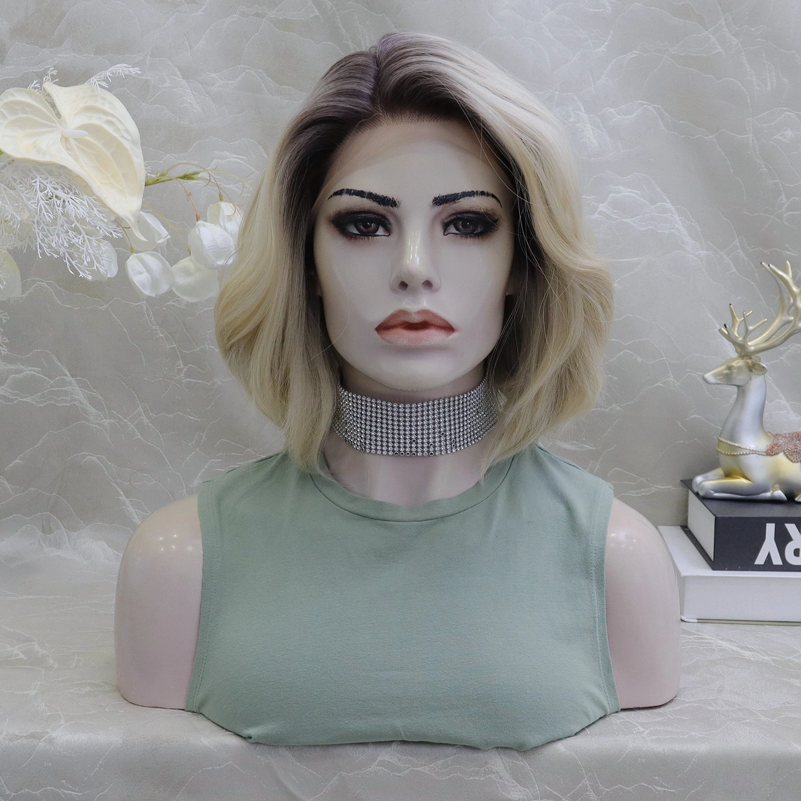 Victoria short blonde with dark root 13*4 lace front wigs K111-2415 (Nicole)